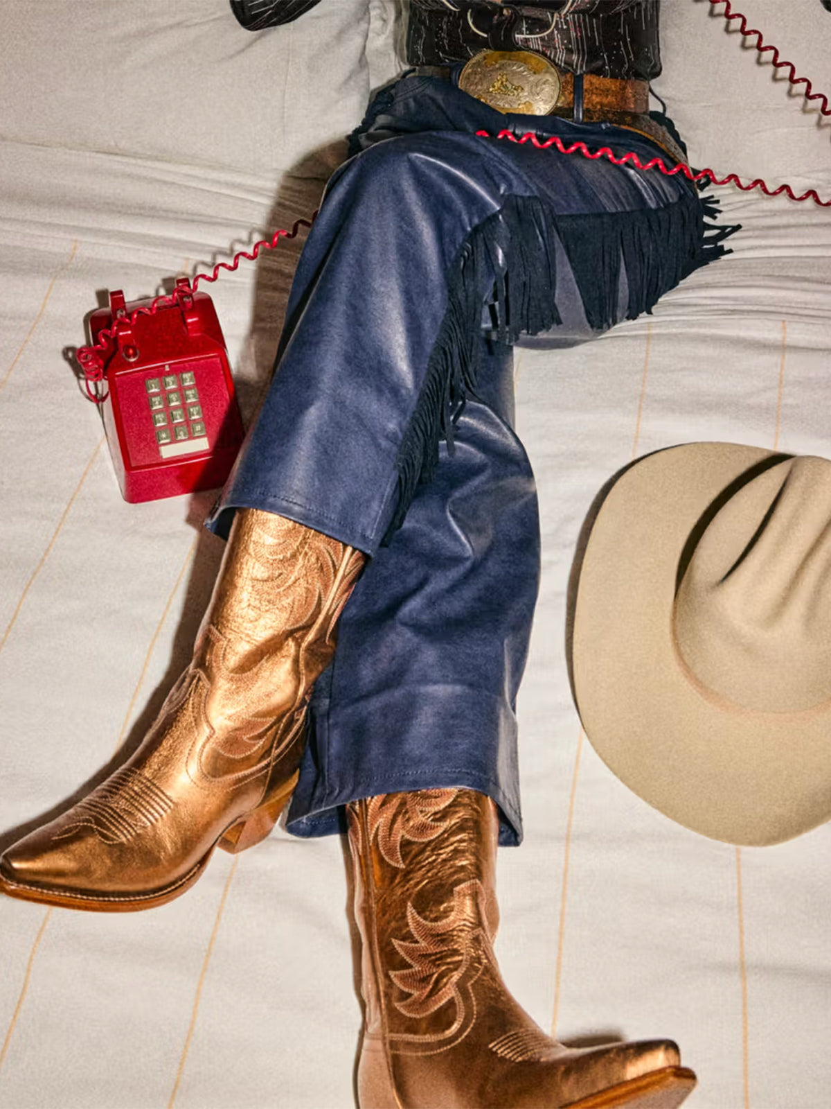 Metallic Copper Snip-Toe Embroidery Wide Calf Knee High Cowgirl Boots