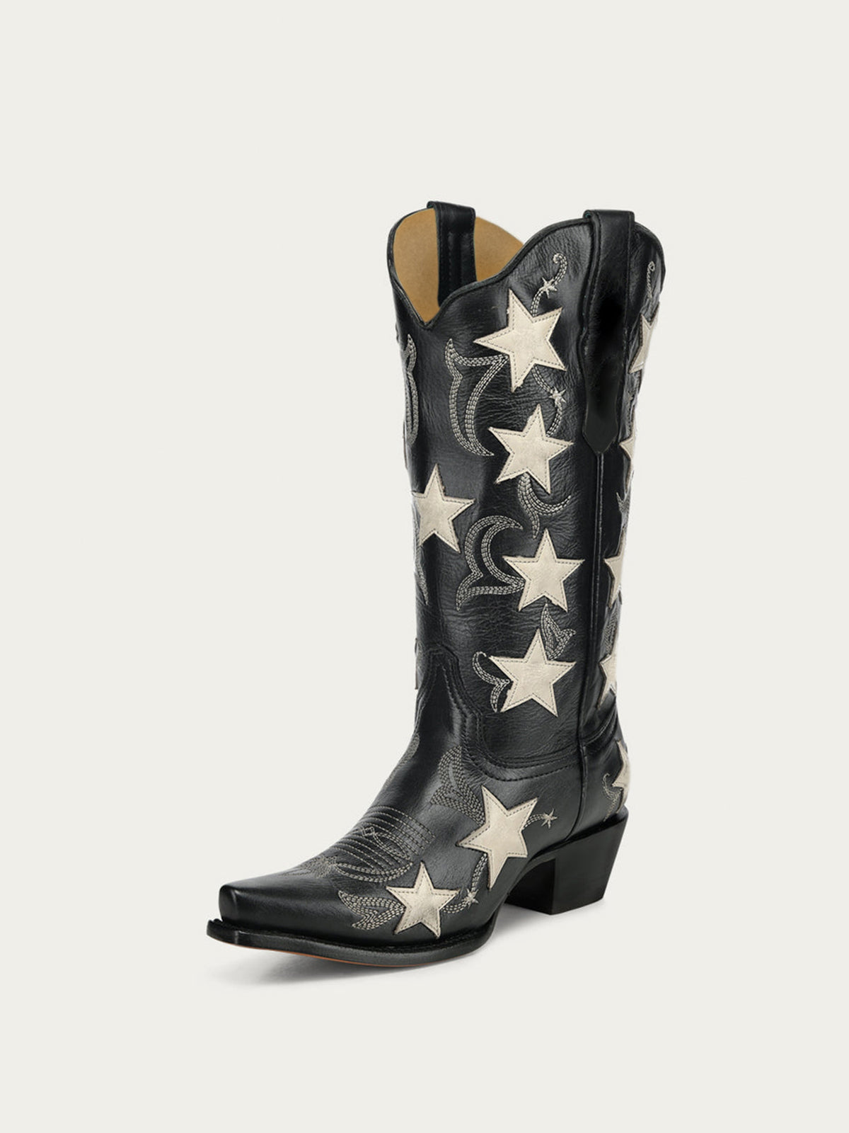 Black Snip-Toe Chic Stars Inlay With Embroidery Mid Calf Cowgirl Boots
