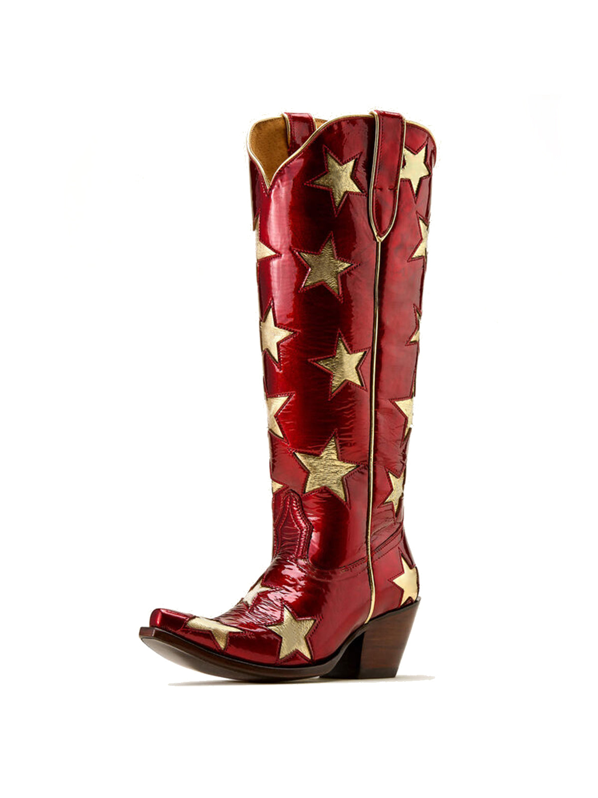 Patent Red Snip-Toe Metallic Stars Inlays Chic Wide Calf Knee High Cowgirl Boots