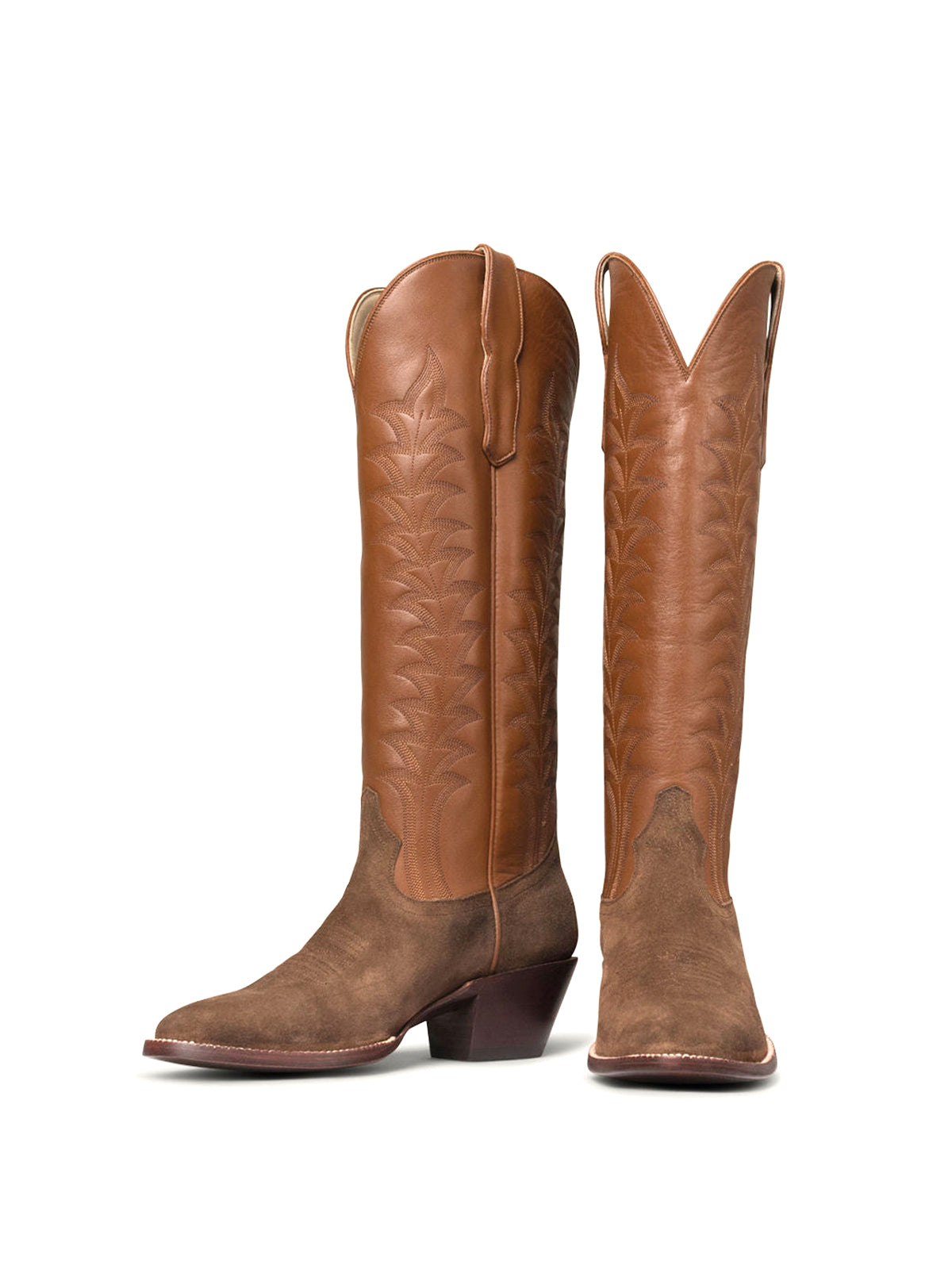 Brown Faux Suede Almond-Toe Wide Calf Tall Knee High Cowgirl Boots