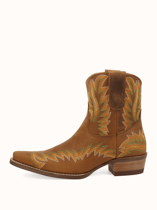 Brown Snip-Toe Chic Flame Embroidery Sleek Ankle Cowgirl Boots