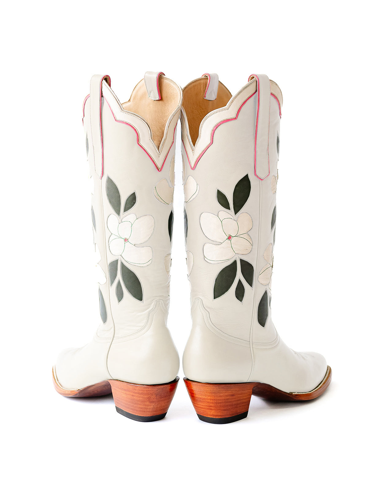 White Almond-Toe White Flower Inlay Wide Calf Knee High Cowgirl Boots