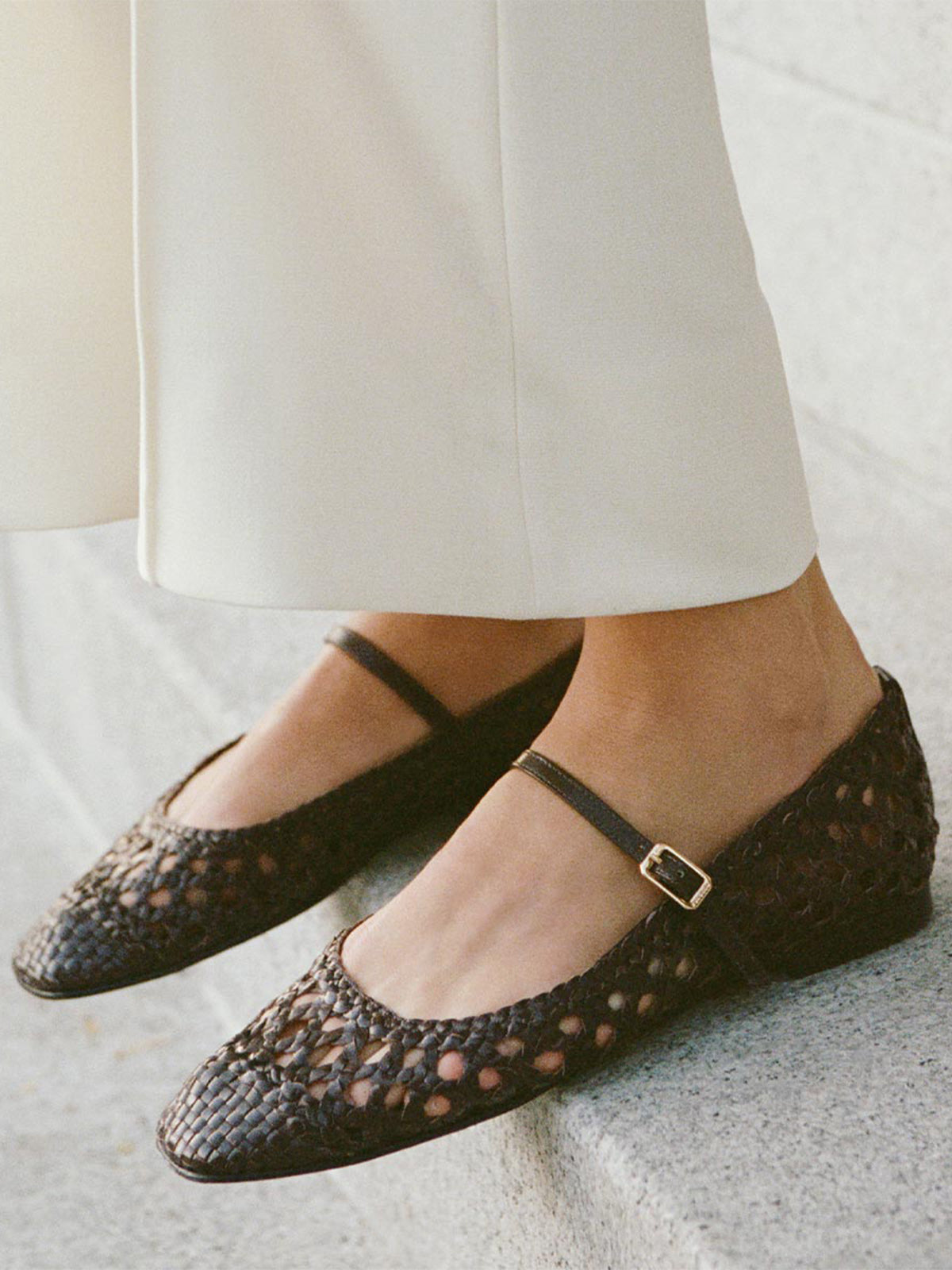 Coffee Woven Vegan Leather Square-Toe Chic Mary Jane Flats