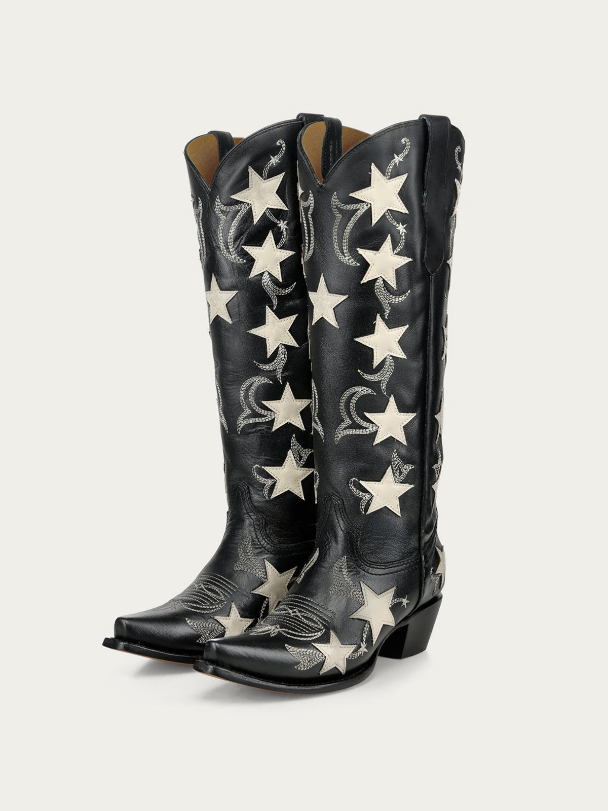 Black Snip-Toe Chic Star Inlay With Embroidery Wide Calf Knee High Cowgirl Boots