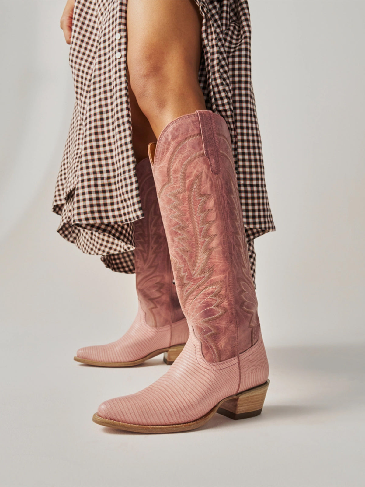 Western Embroidery Almond-Toe Tall Knee High Cowgirl Boots - Distressed Pink