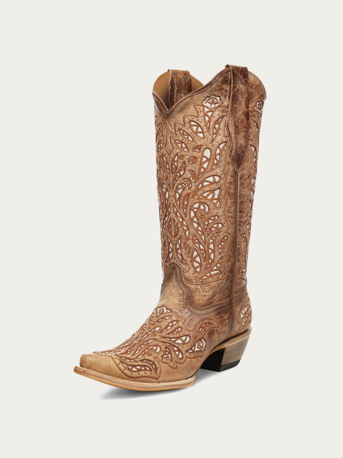 Distressed Brown Snip-Toe Glitter Inlay And Embroidery Mid Calf Cowgirl Boots