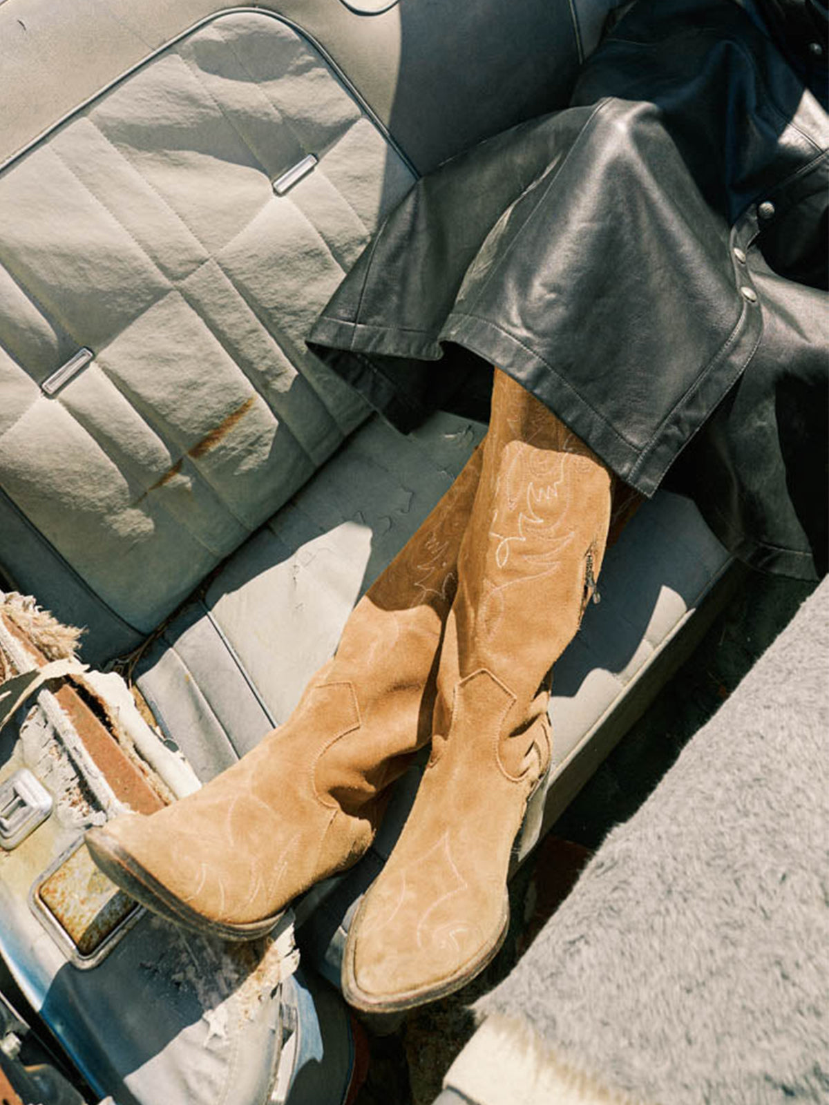 Side-Zip Pointed-Toe Chic Embroidery Wide Calf Knee High Cowgirl Boots - Tan