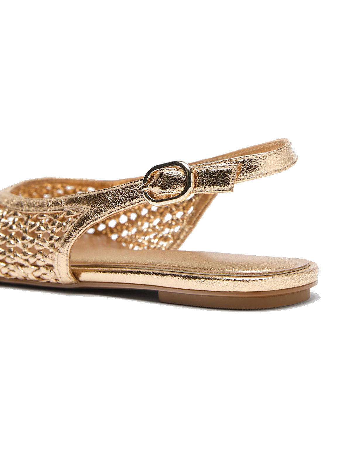 Gold Woven Metallic Vegan Leather Square-Toe Buckle Back Strap Flats