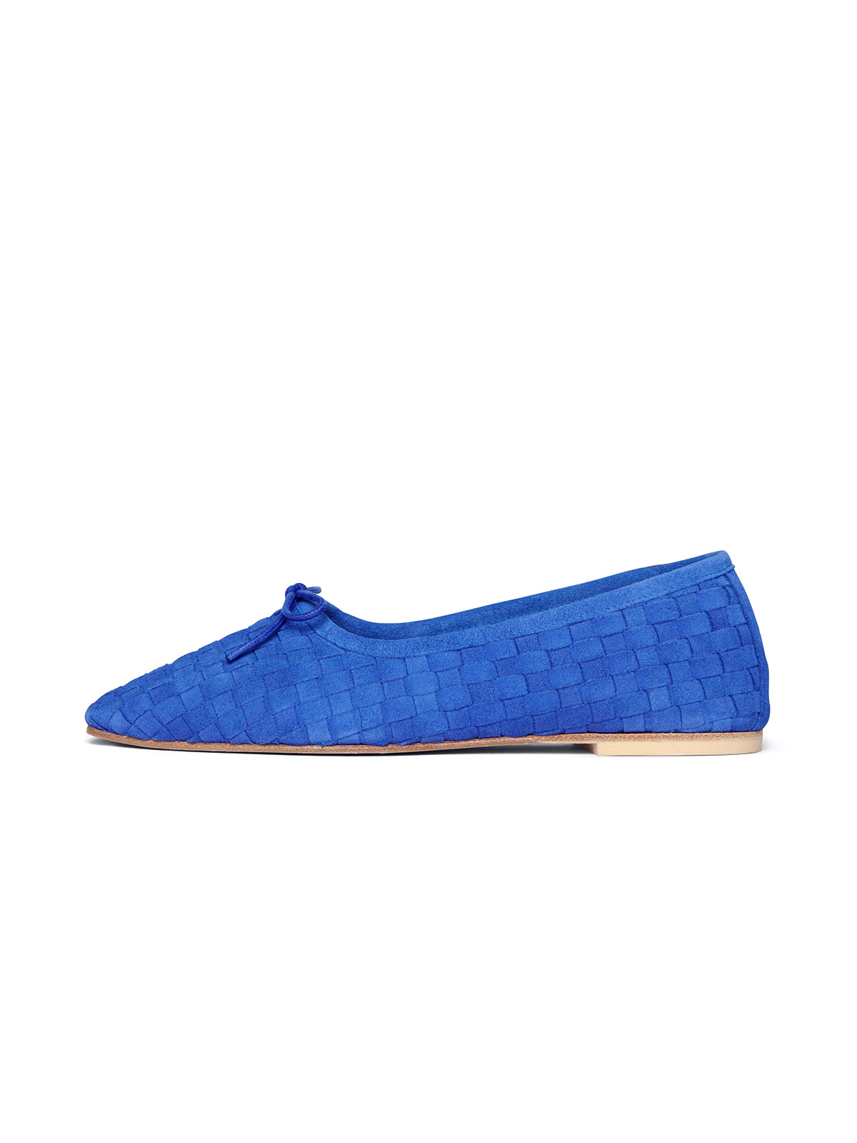 Dark Blue Woven Faux Suede Square-Toe Front Bow Ballet Flats