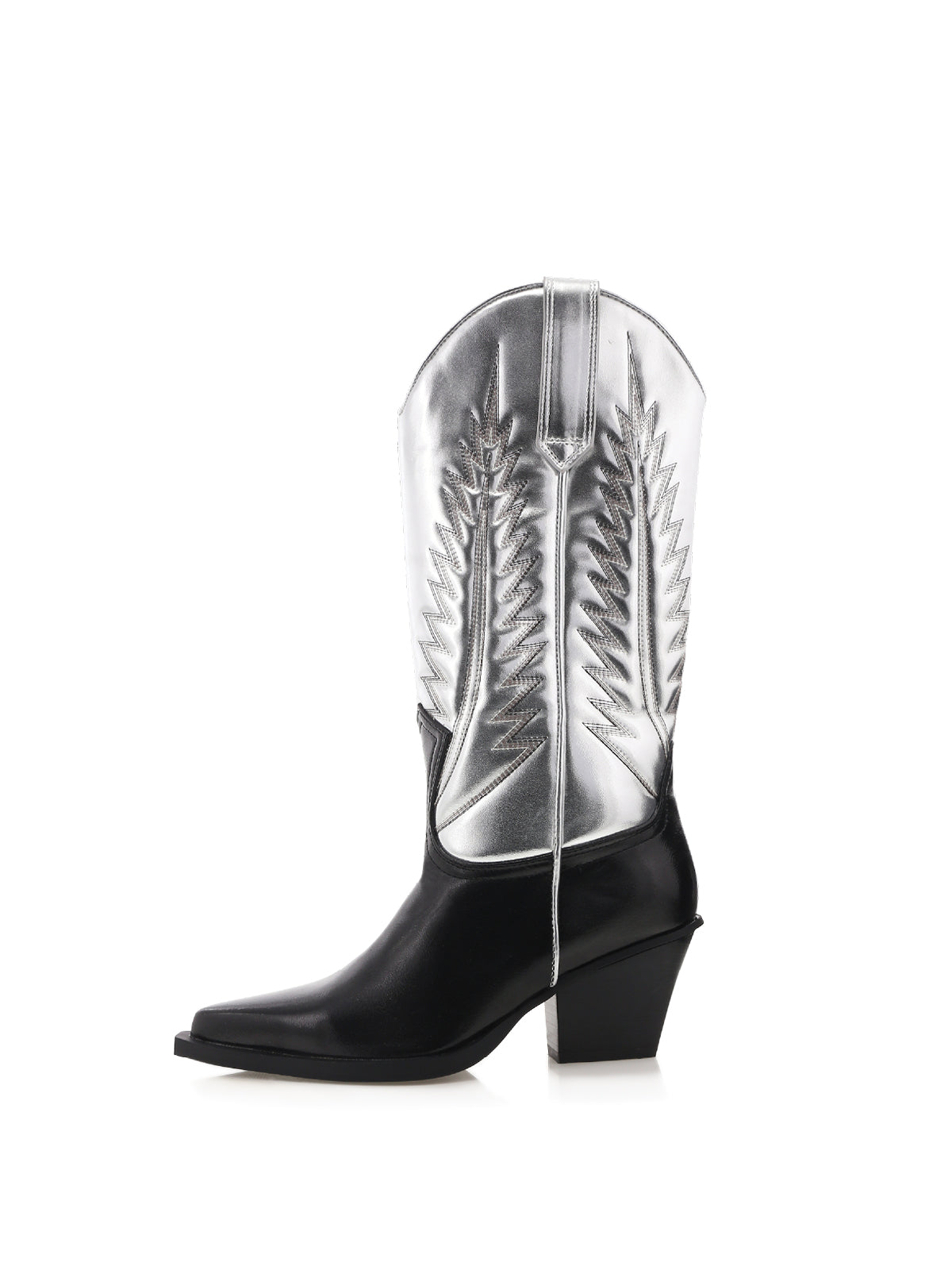 Contrast Silver And Black Pointed-Toe Embroidery Western Mid Calf Cowgirl Boots