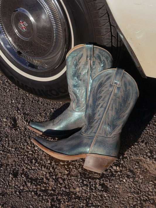 Metallic Brown Almond-Toe Classic Embroidery Mid Calf Cowgirl Boots