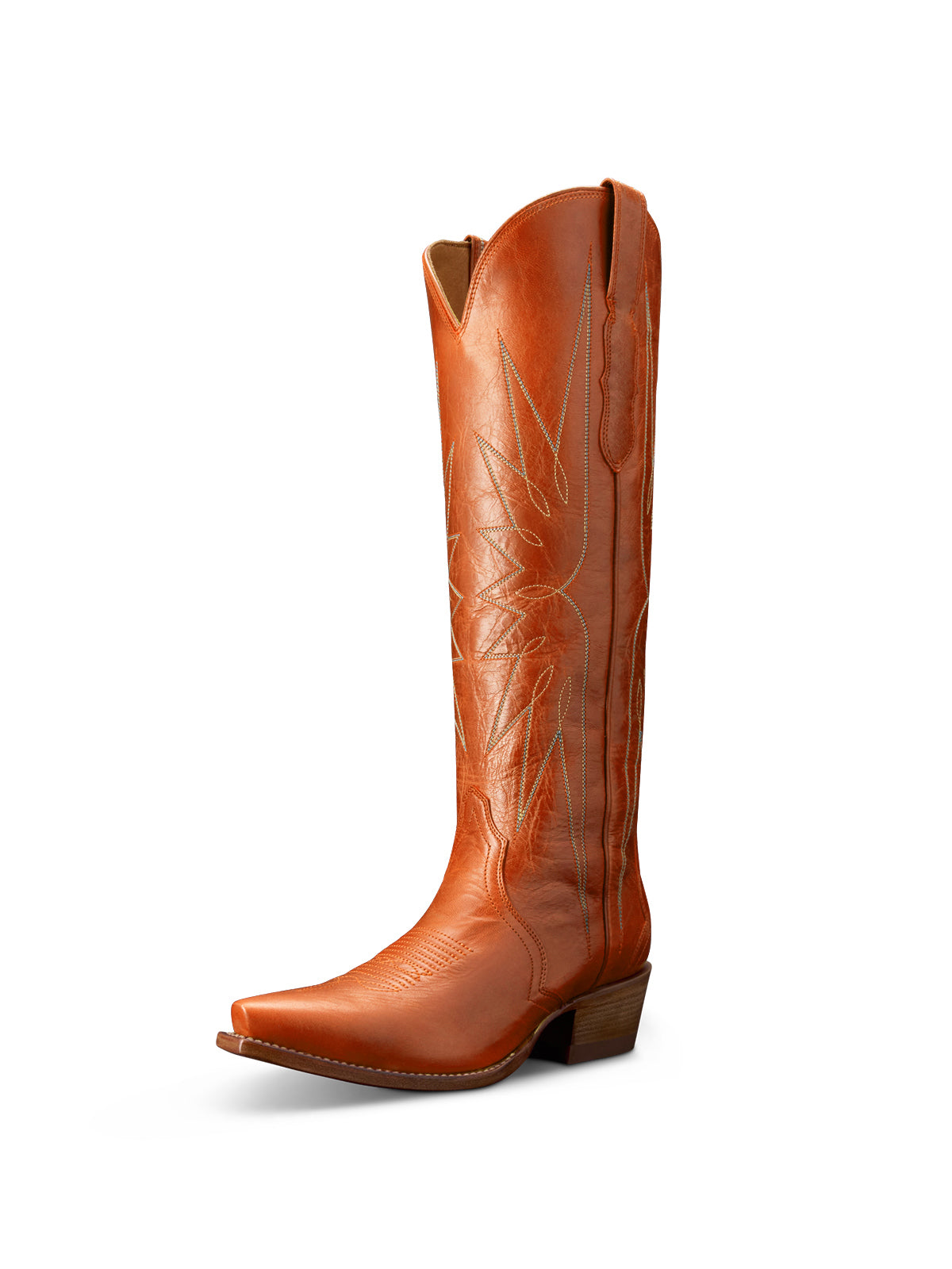 Distressed Orange Snip-Toe Embroidery Wide Calf Knee High Cowgirl Boots