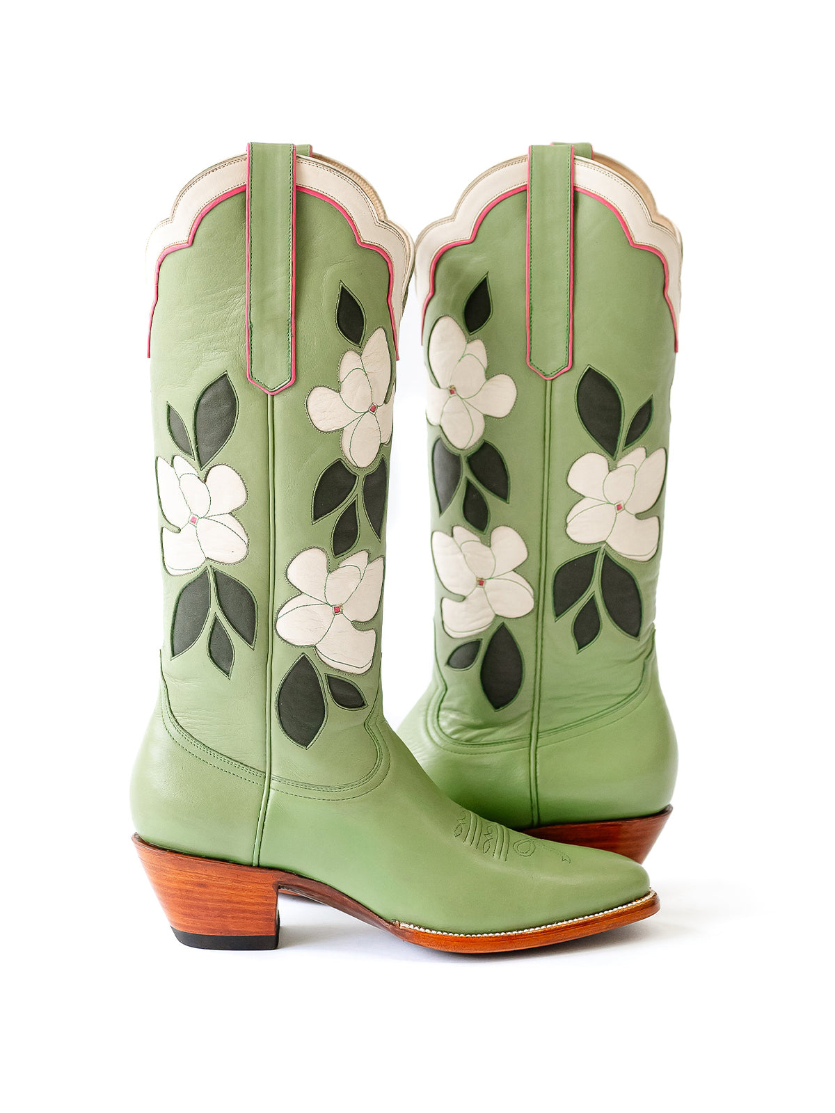 Green Almond-Toe White Flower Inlay Wide Calf Knee High Cowgirl Boots