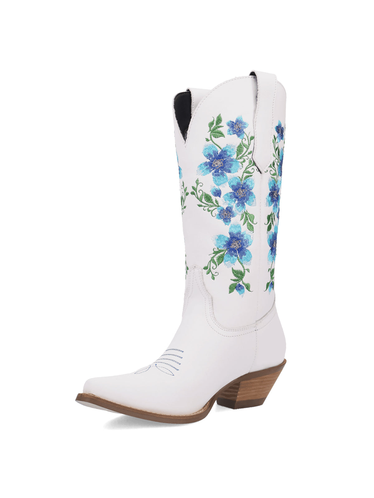 White Snip-Toe Blue Florals Embroidery Chic Mid Calf Cowgirl Boots