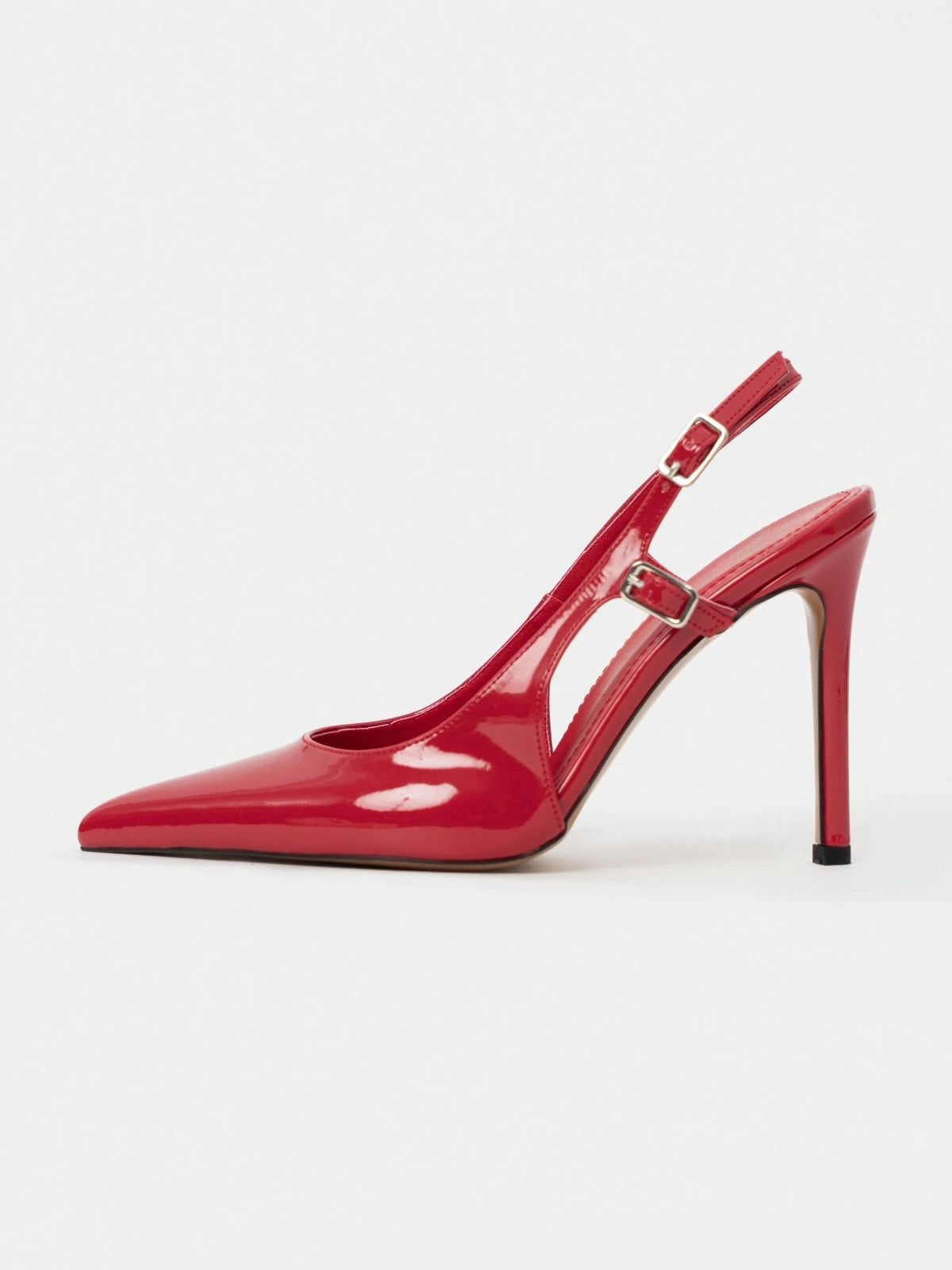 Patent Leather Pointed-Toe Buckle Back Strap Chic High Heels - Red