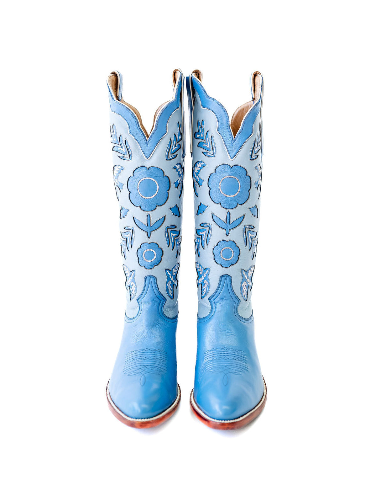 Blue Round-Toe Birds Leaves Flowers Inlay Wide Calf Knee High Cowgirl Boots