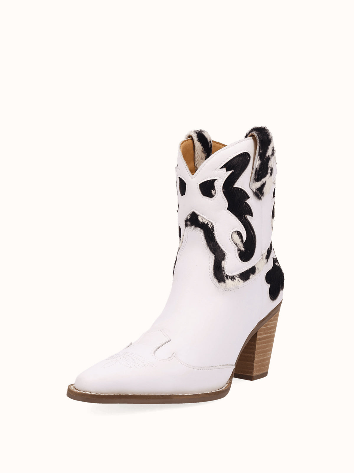 White And Cow Pattern Snip-Toe Sleek Ankle Cowgirl Boots