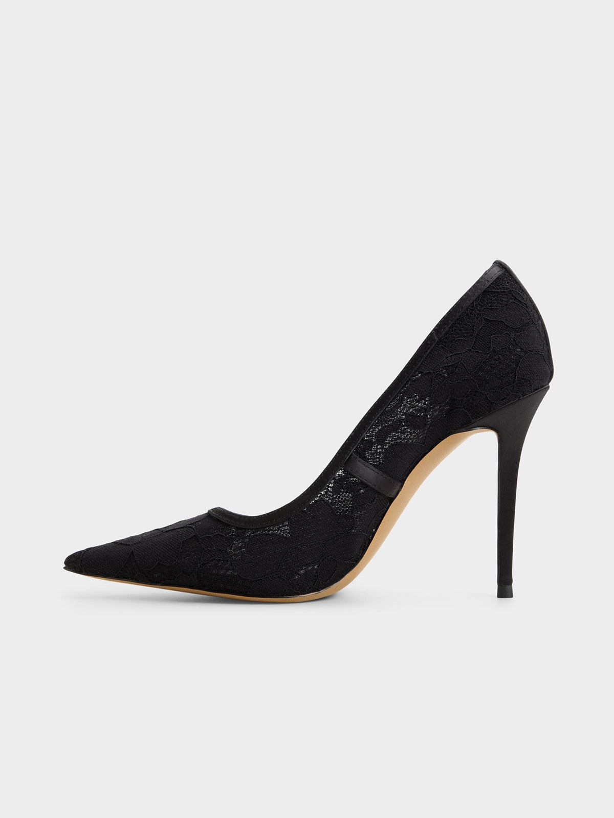 Black Lace Mesh And Satin Pointed-Toe Slip-On Pumps High Heels