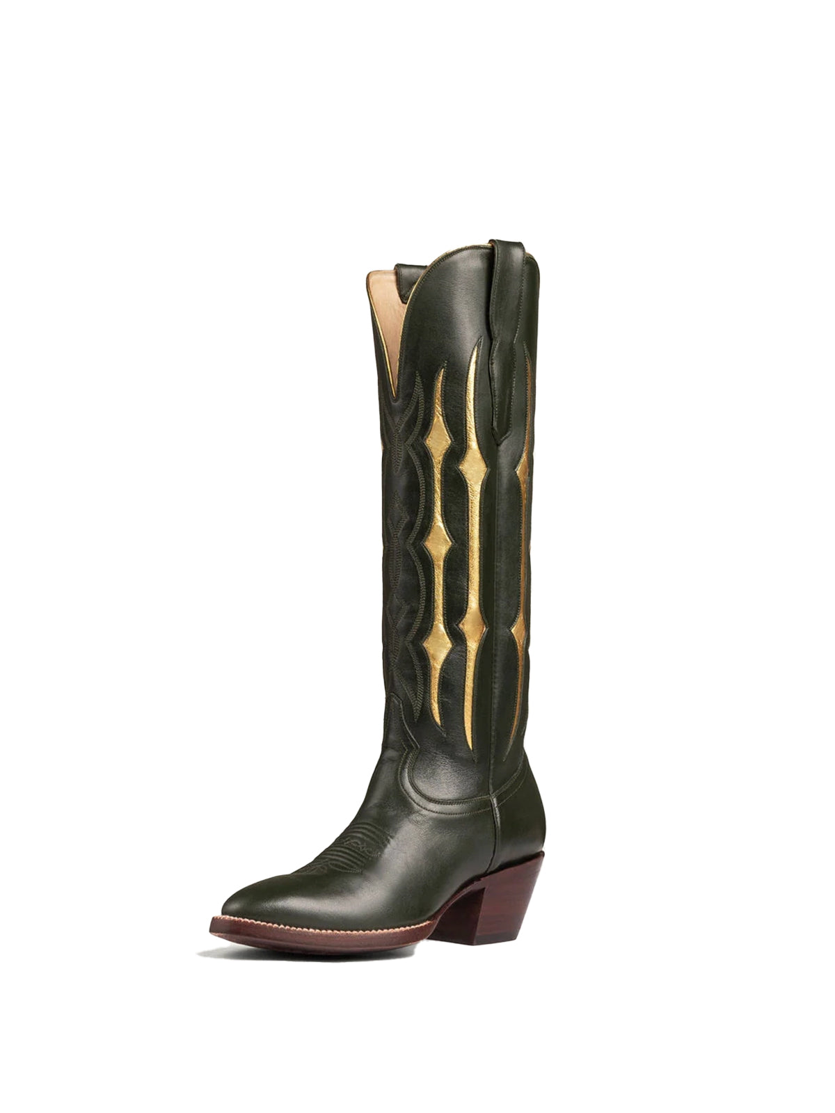 Green Contrast Metallic Gold Inlay Stitch Almond-Toe Wide Knee High Western Cowgirl Boots