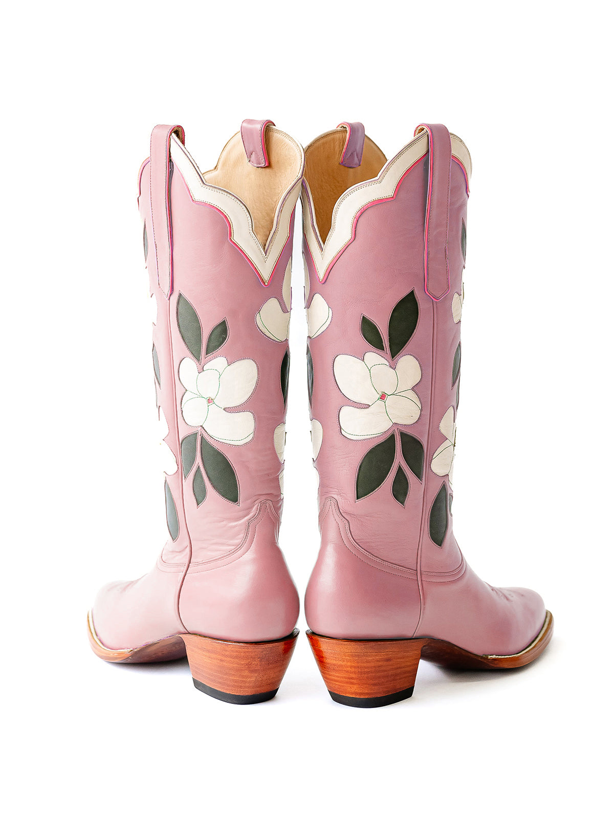 Dusty Pink Almond-Toe White Flower Inlay Wide Calf Knee High Cowgirl Boots