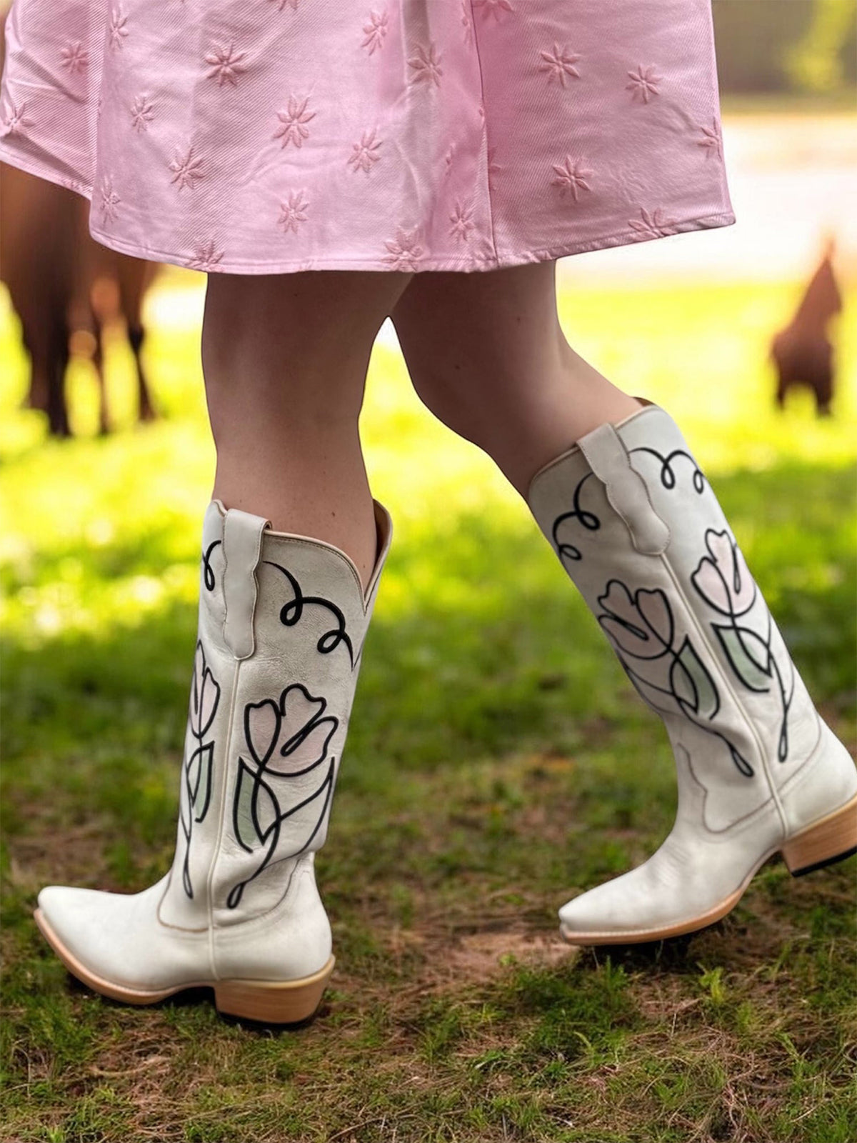 Distressed White Snip-Toe Stylish Embroidery Wide Calf Knee High Cowgirl Boots
