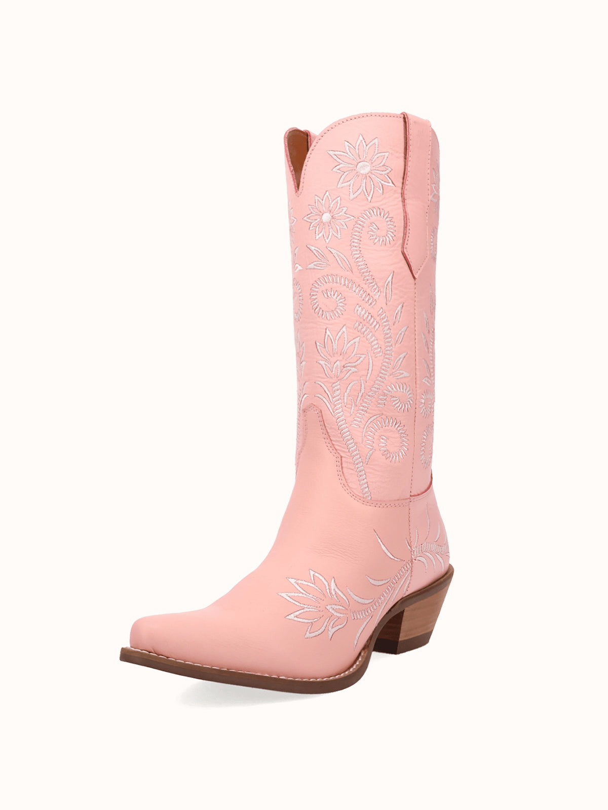 Pink Snip-Toe White Flowers Embroidery Chic Mid Calf Cowgirl Boots