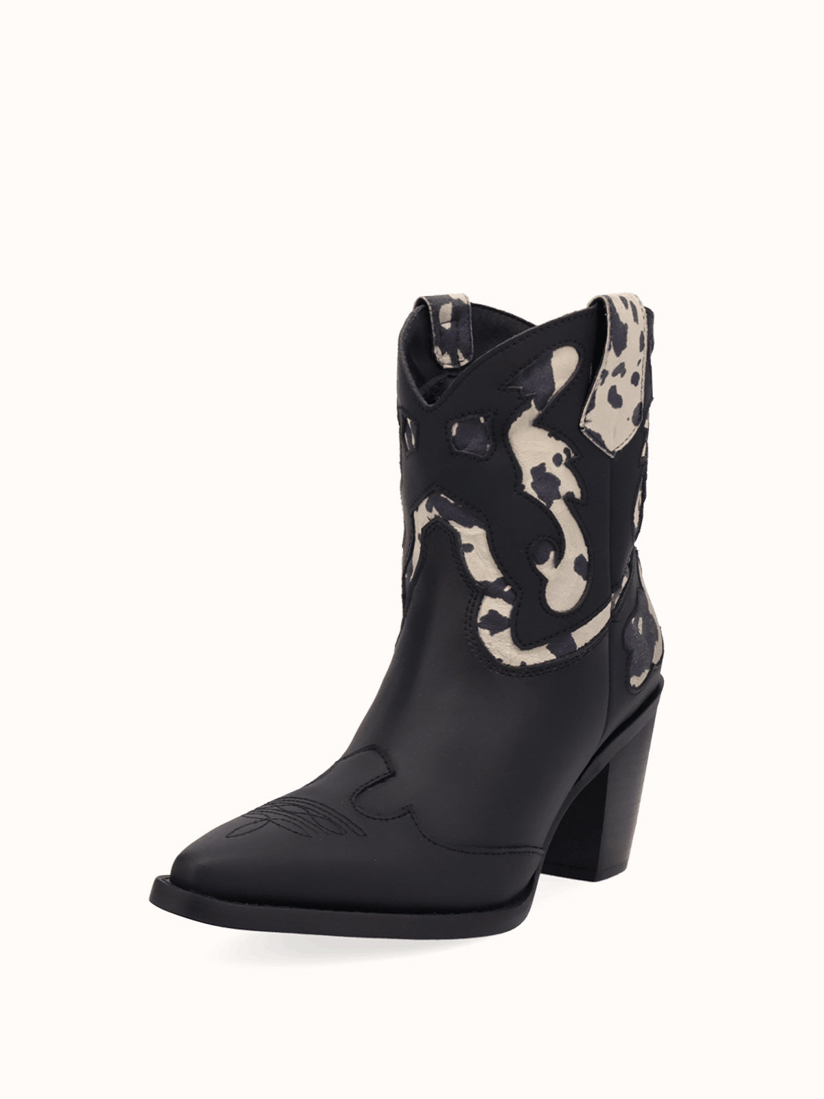 Black And Cow Pattern Snip-Toe Sleek Ankle Cowgirl Boots