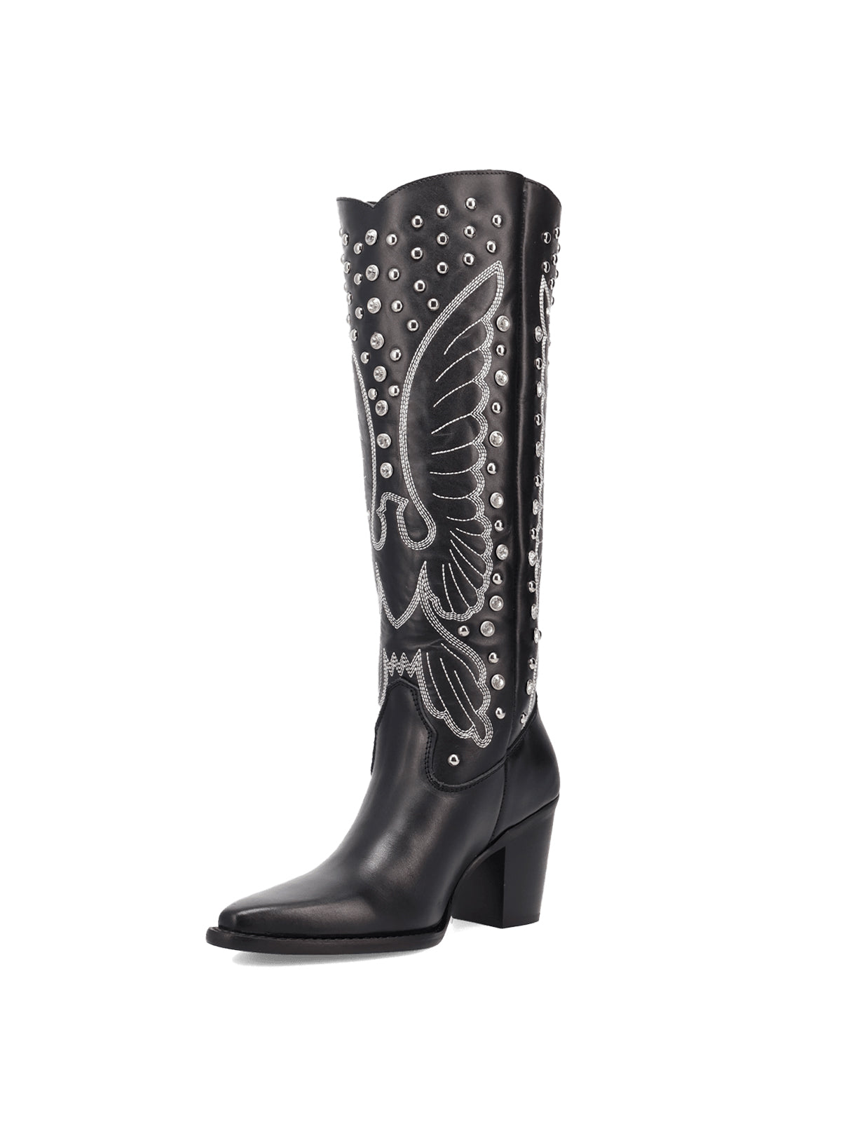 Black Snip-Toe Big Bird Embroidery And Studs Wide Calf Knee High Cowgirl Boots