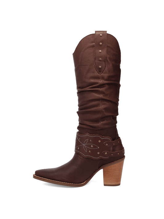 Brown Snip-Toe Slouchy And Double Studded Straps Wide Calf Knee High Cowgirl Boots