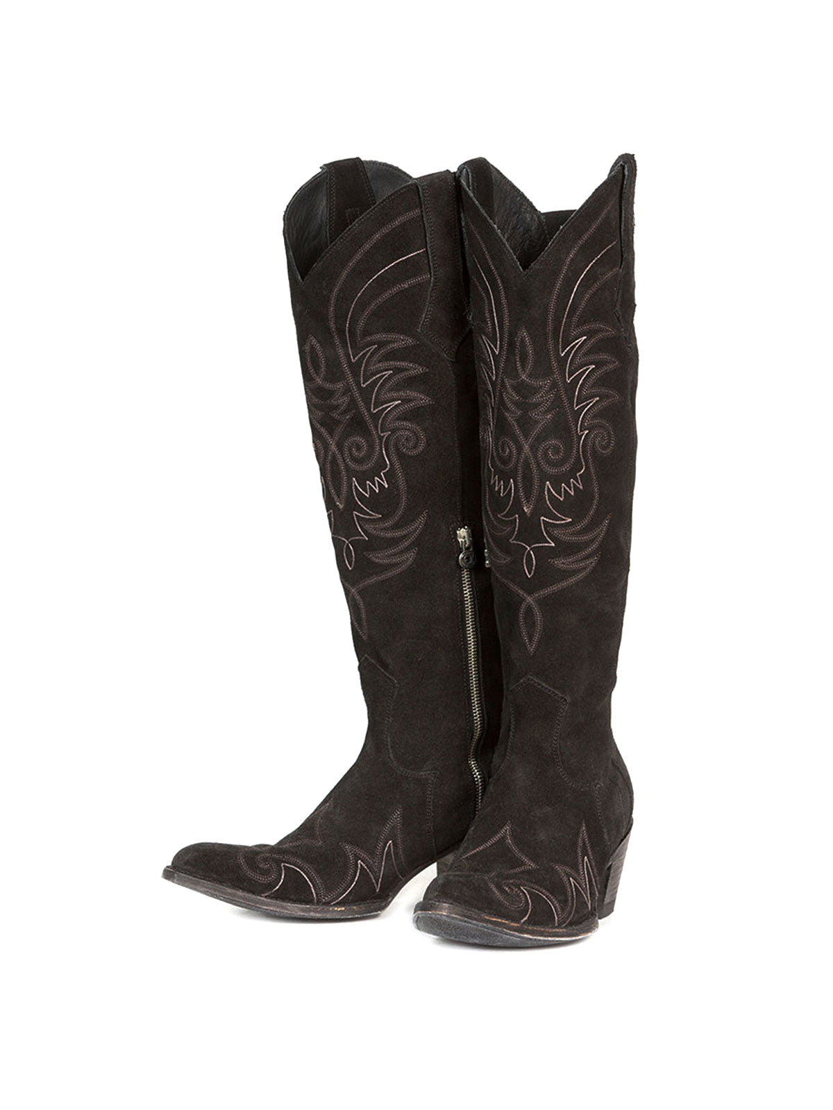 Side-Zip Pointed-Toe Chic Embroidery Wide Calf Knee High Cowgirl Boots - Black