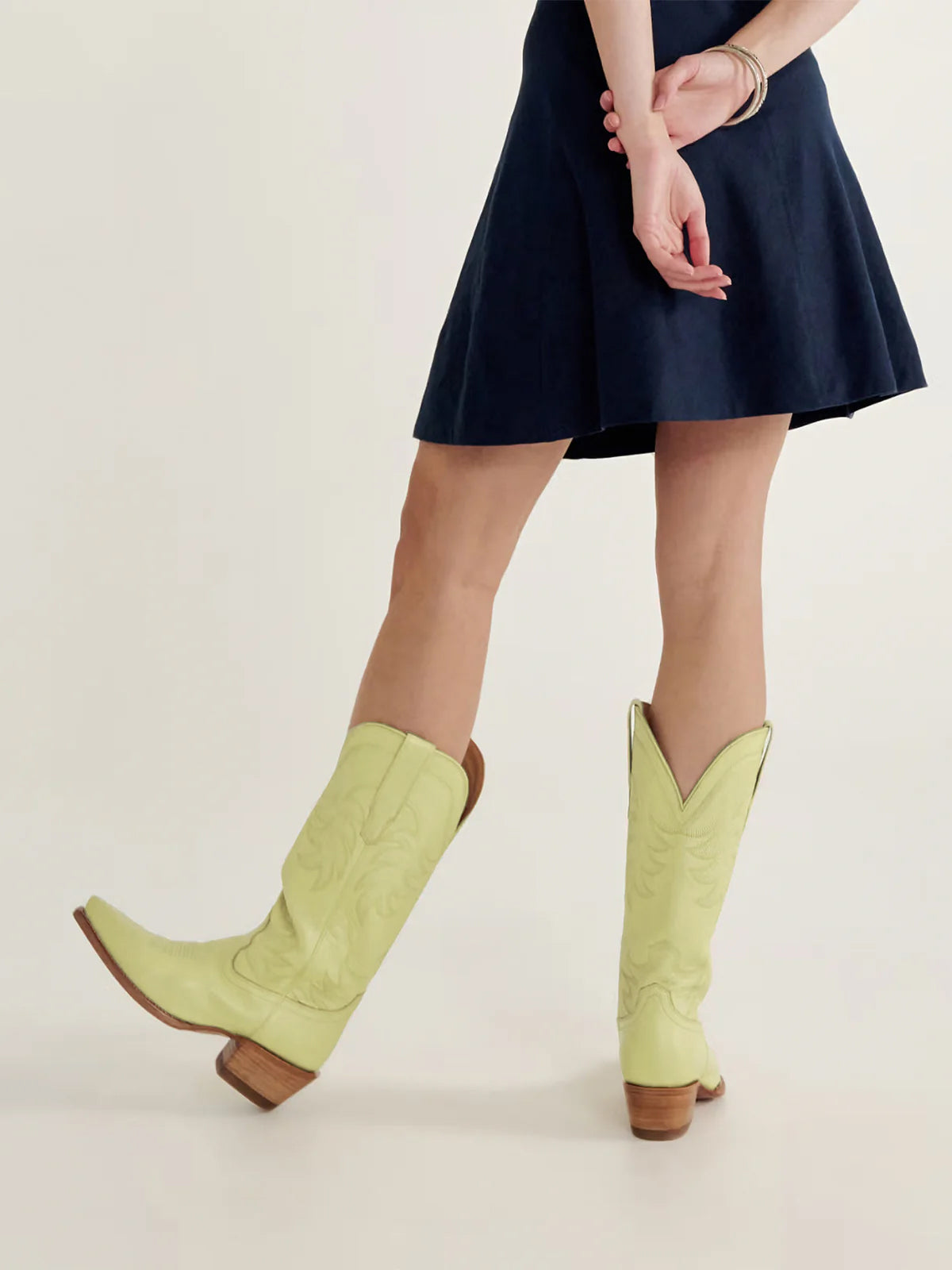 Lemon Green Snip-Toe Embroidery Wide Calf Knee High Cowgirl Boots