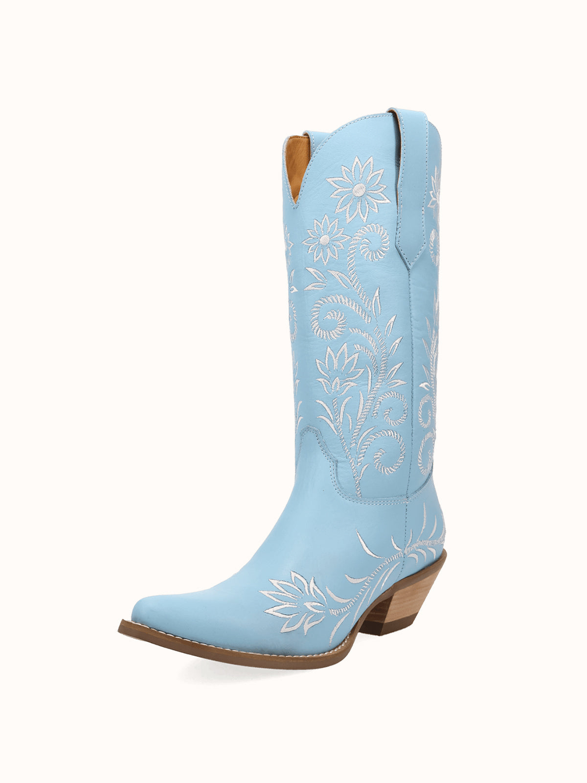 Blue Snip-Toe White Flowers Embroidery Chic Mid Calf Cowgirl Boots