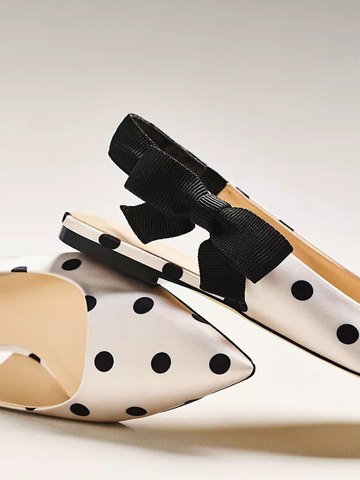 Ivory Polka Dot Satin Pointed-Toe Side-Bow Slingback Flats