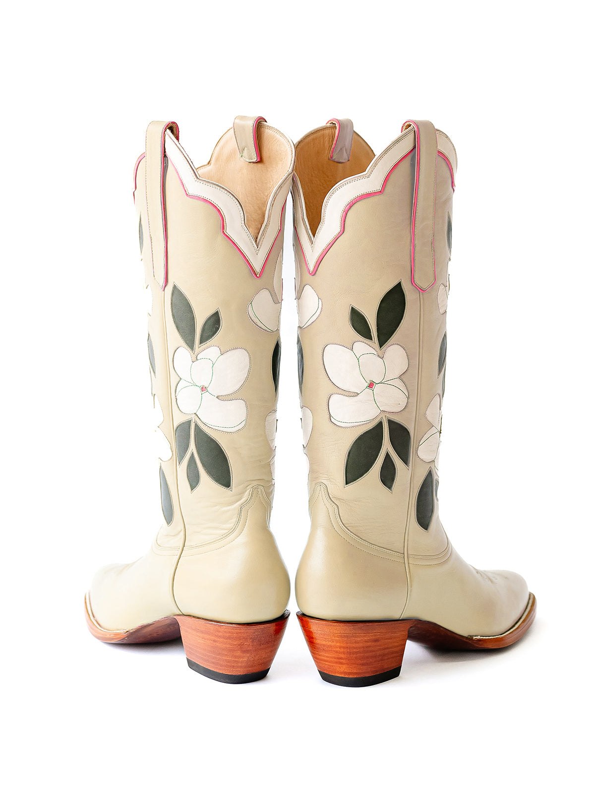 Cream Almond-Toe White Flower Inlay Wide Calf Knee High Cowgirl Boots