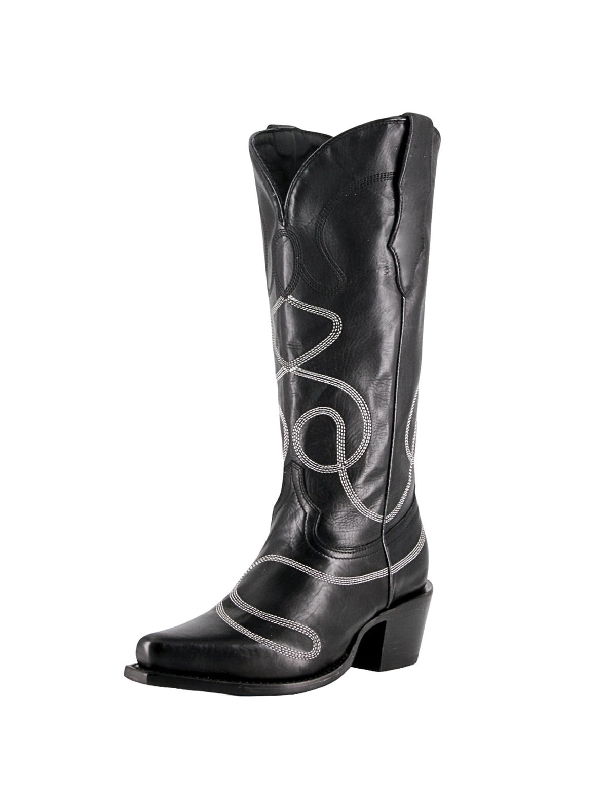 Black Snip-Toe Simple Embroidery Classic Mid Calf Cowgirl Boots