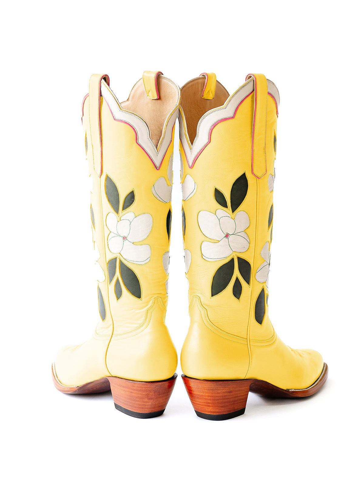 Yellow Almond-Toe White Flower Inlay Wide Calf Knee High Cowgirl Boots