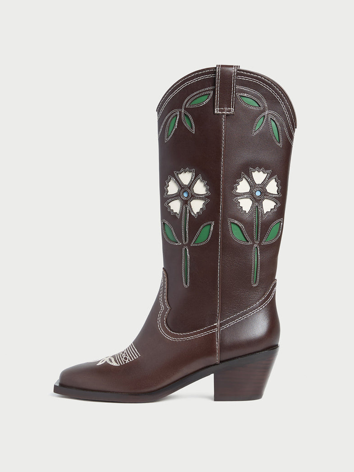 Coffee Square-Toe White Flowers Inlay Chic Mid Calf Cowgirl Boots