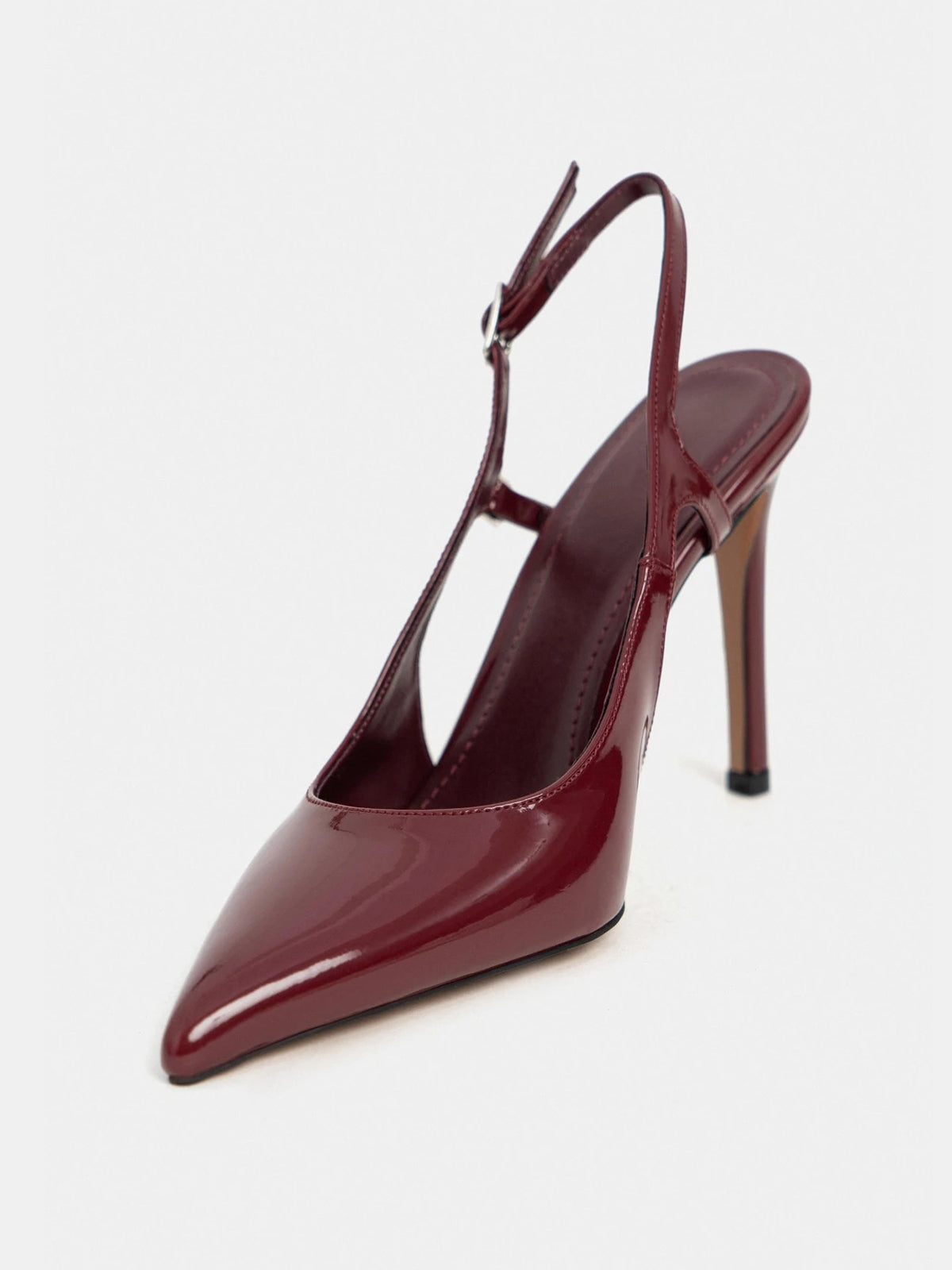 Patent Leather Pointed-Toe Buckle Back Strap Chic High Heels - Burgundy