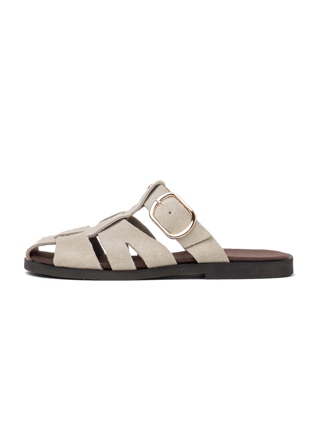 Beige Cow Suede Round-Toe Caged Detail Backless Flats