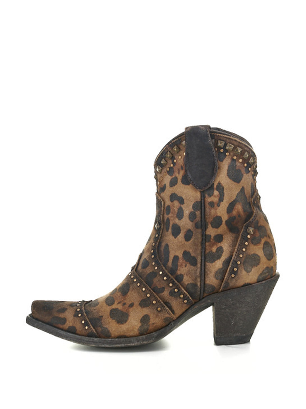 Leopard Print Snip-Toe Studs Full-Zip Ankle Cowgirl Boots