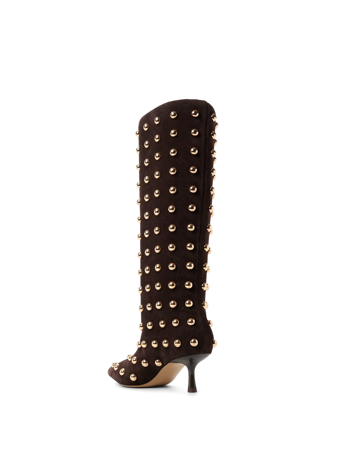 Brown Faux Suede Pointed-Toe Full Studs Wide Calf Knee High Stiletto Boots