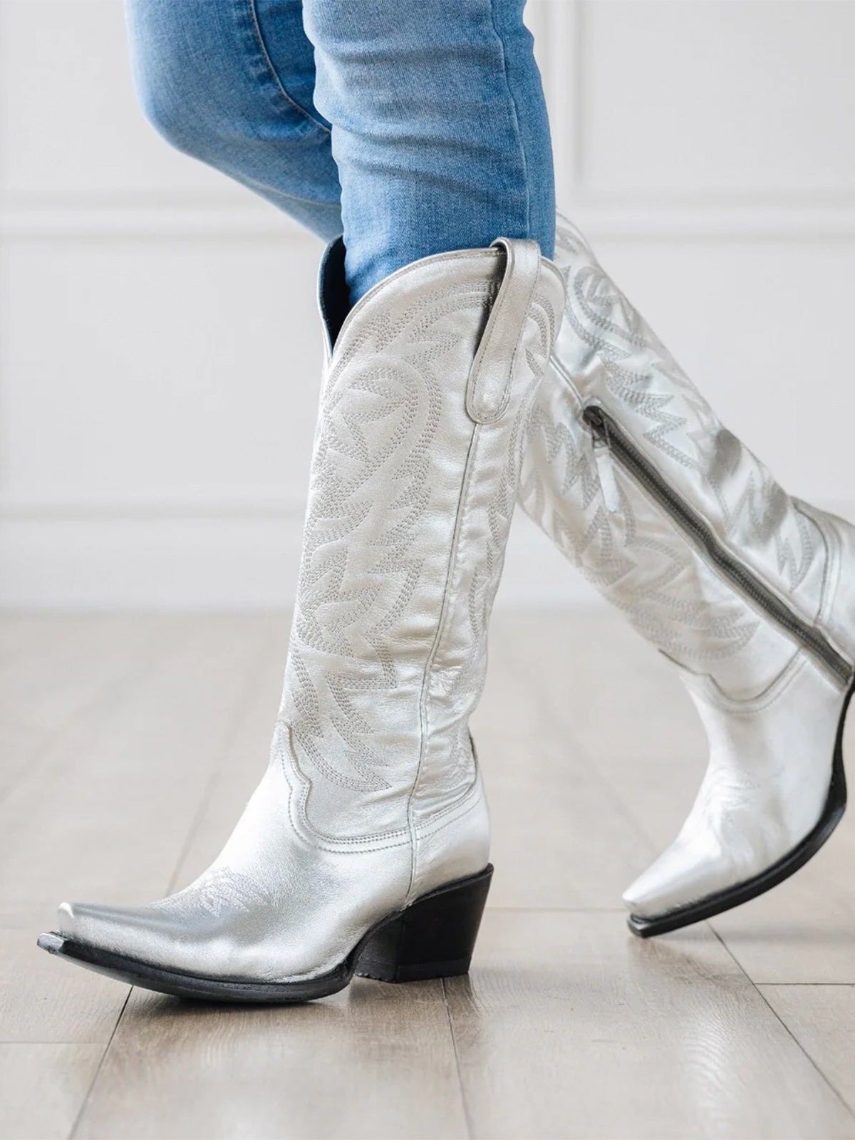 Western Snip-Toe Embroidery Classic Knee High Half-Zip Cowgirl Boots - Metallic Silver