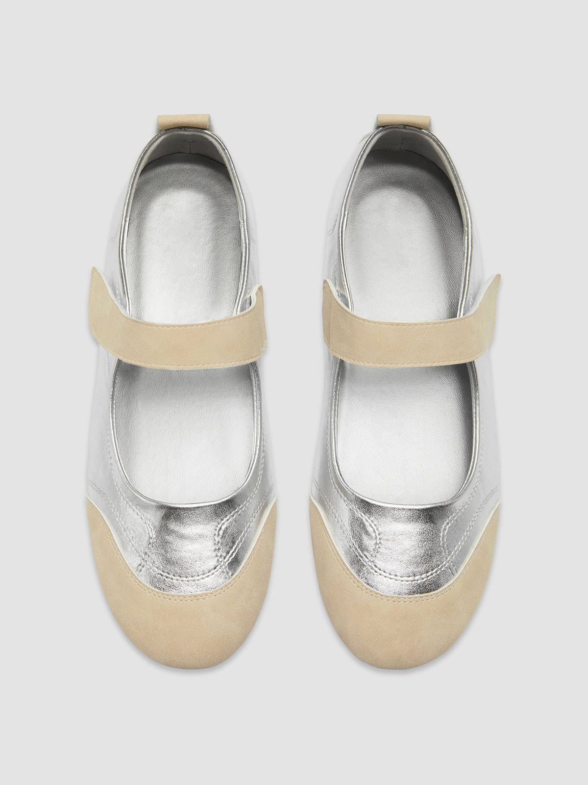Contrast Beige And Silver Round-Toe Chic Mary Jane Strap Flats