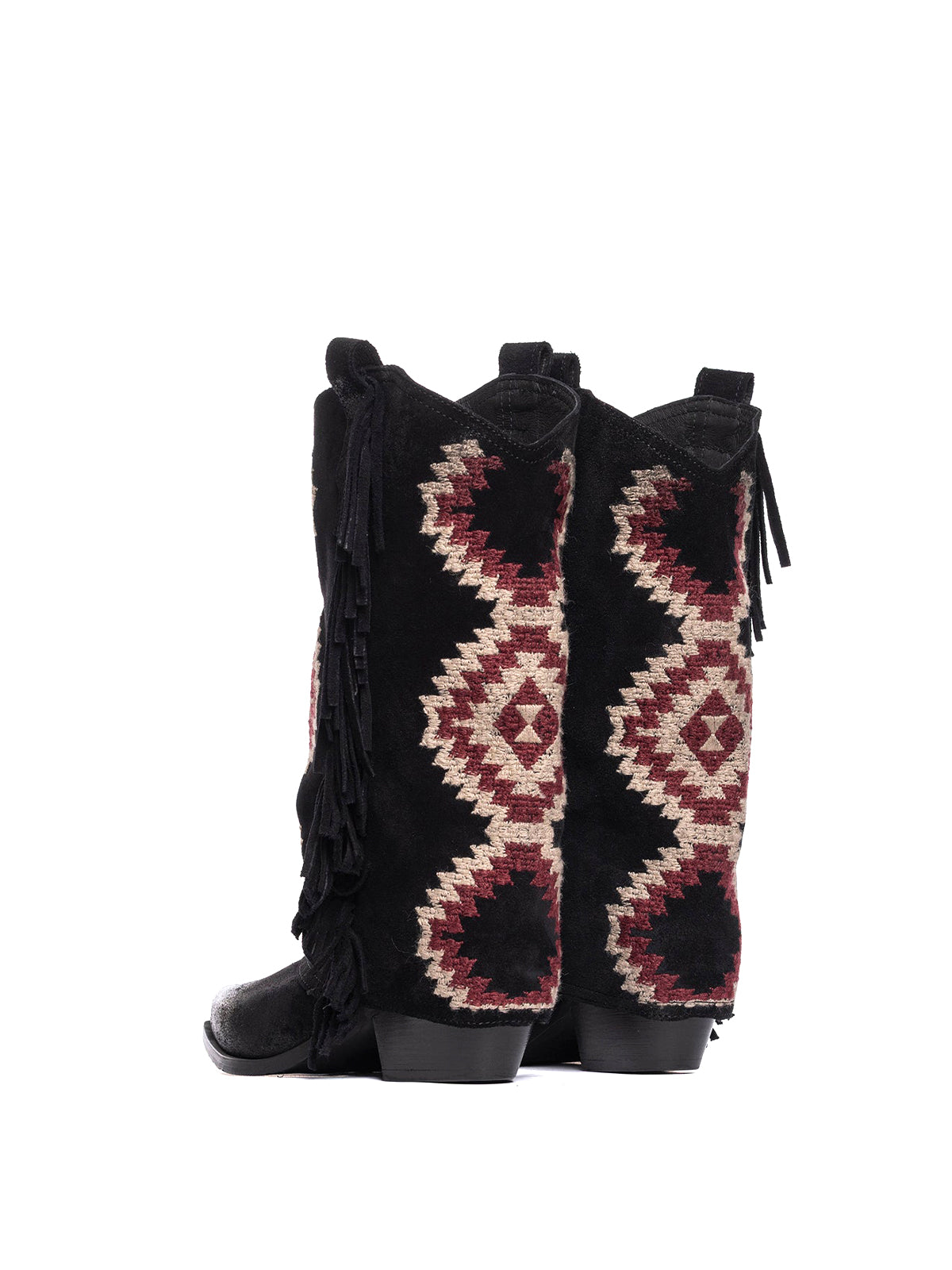 Side Fringe Snip-Toe Embroidery Fold-Over Mid Calf Cowgirl Boots - Black Faux Suede