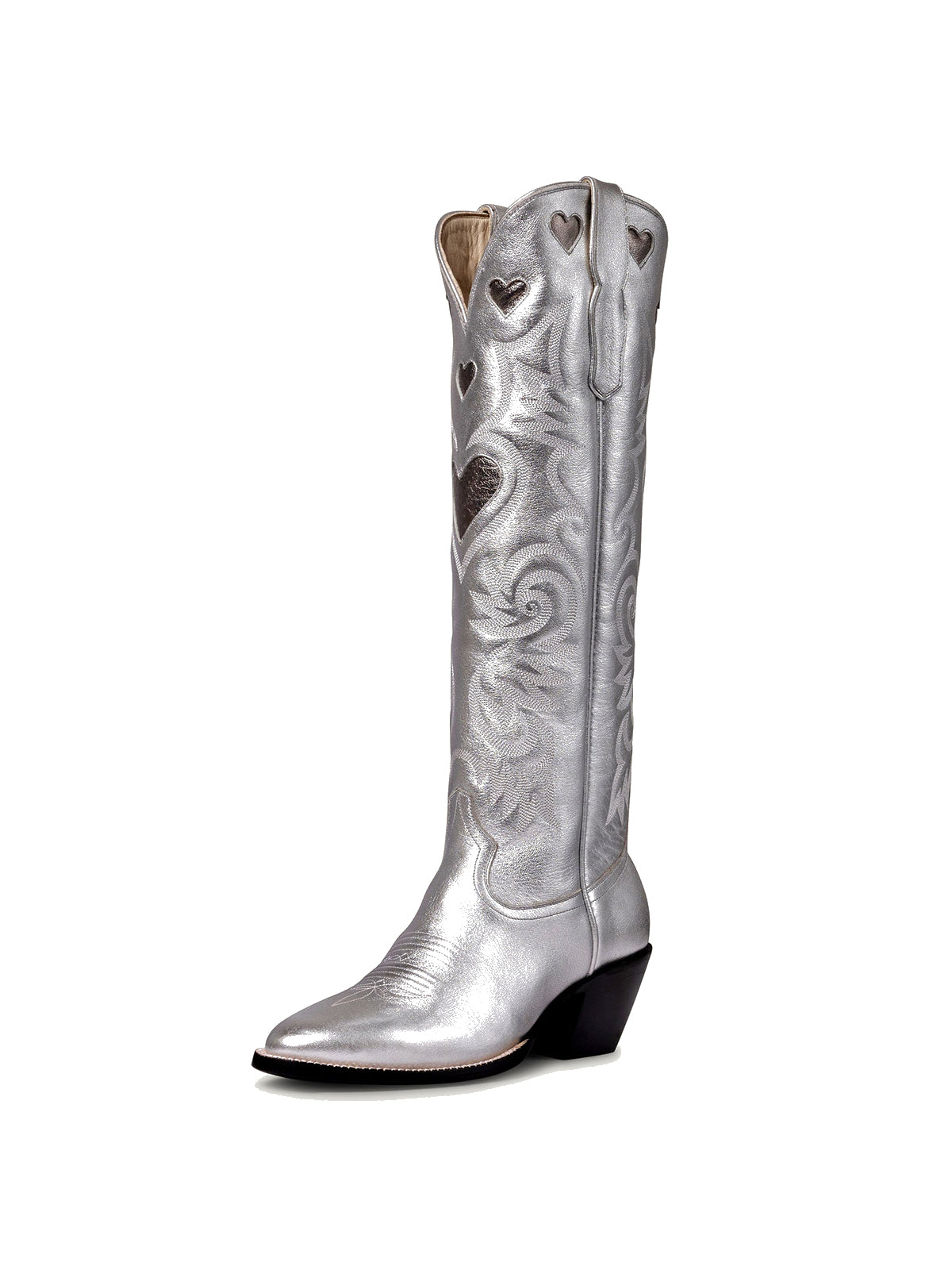 Metallic Silver Round-Toe Chic Hearts Inlay Wide Calf Knee High Cowgirl Boots