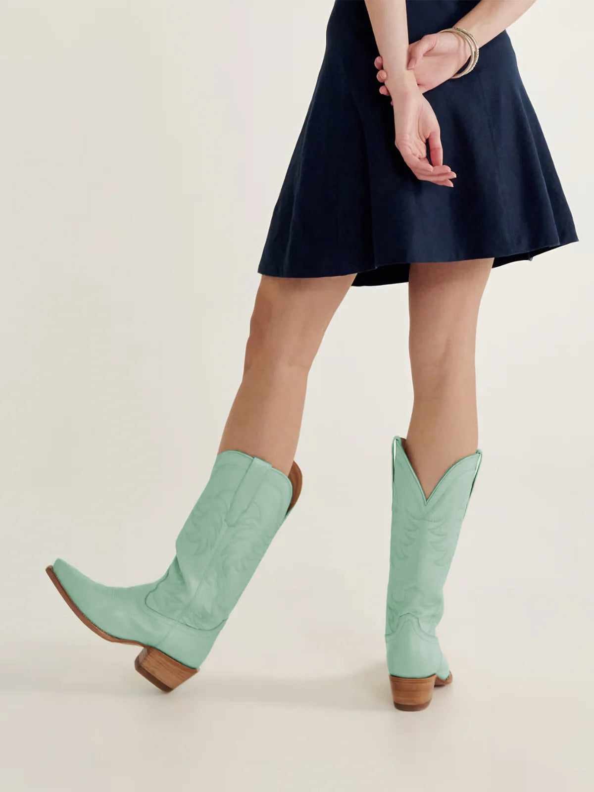 Mint Green Snip-Toe Embroidery Wide Calf Knee High Cowgirl Boots