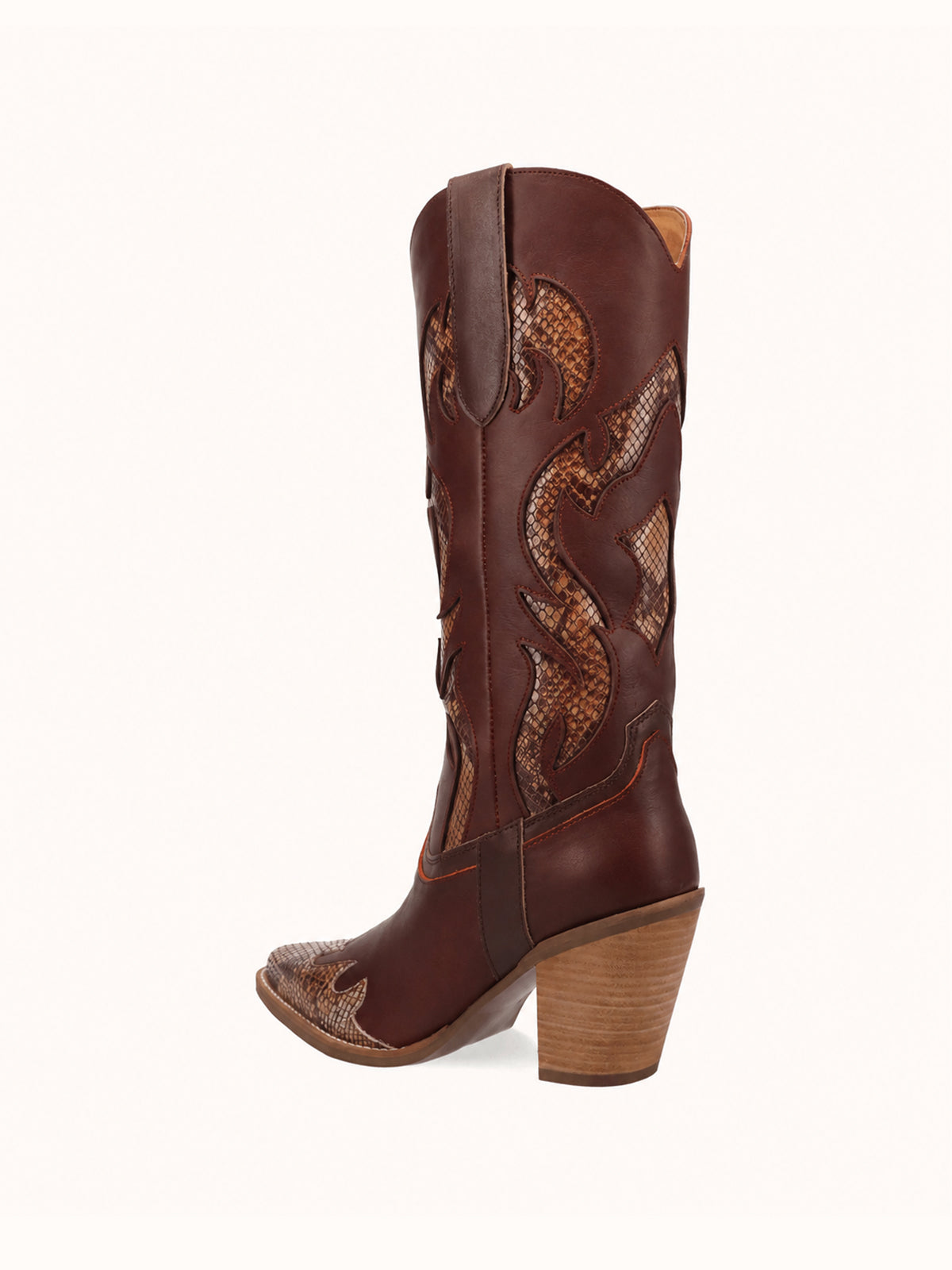 Contrast Burgundy And Cow Pattern Snip-Toe Mid Calf Cowgirl Boots