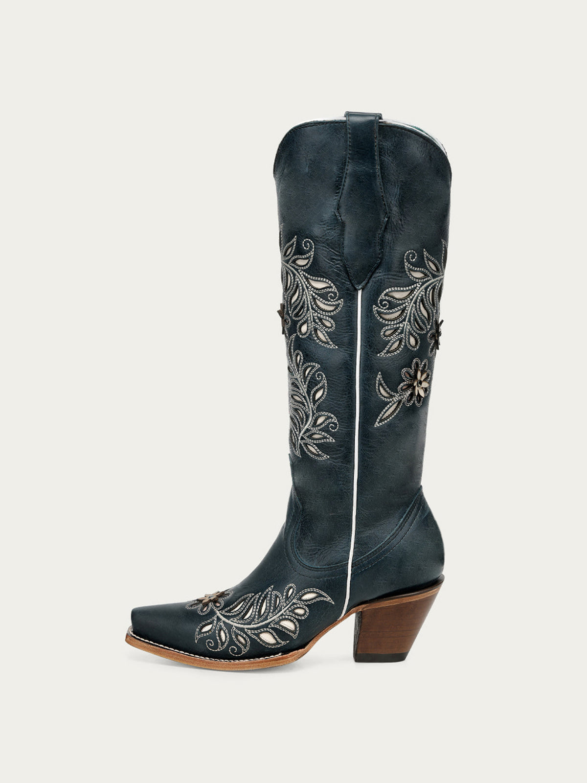 Navy Snip-Toe Leaves Flowers And Bird Inlay Half-Zip Knee High Cowgirl Boots