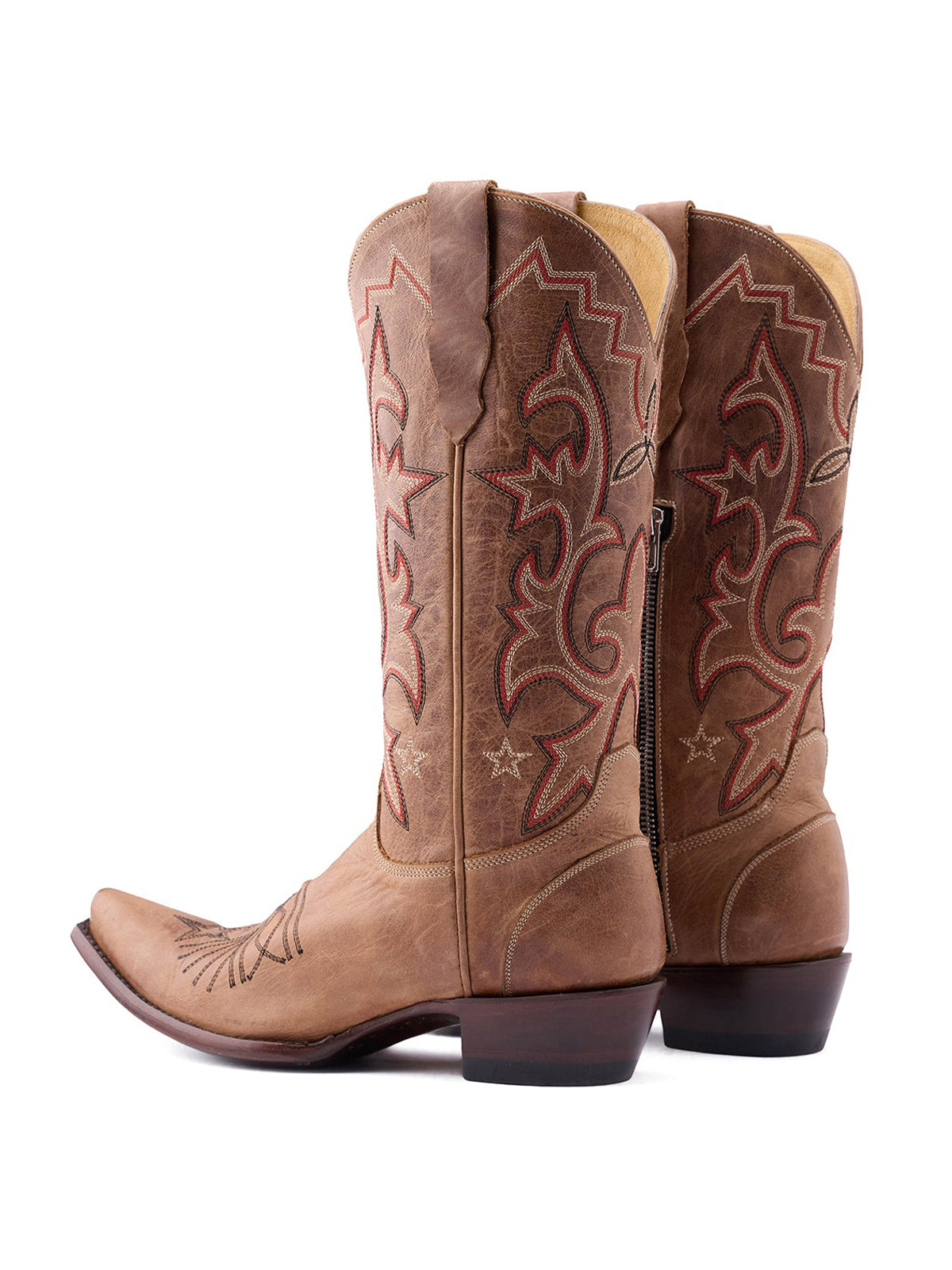 Cognac Snip-Toe Classic And Star Embroidery Half-Zip Mid Calf Cowgirl Boots