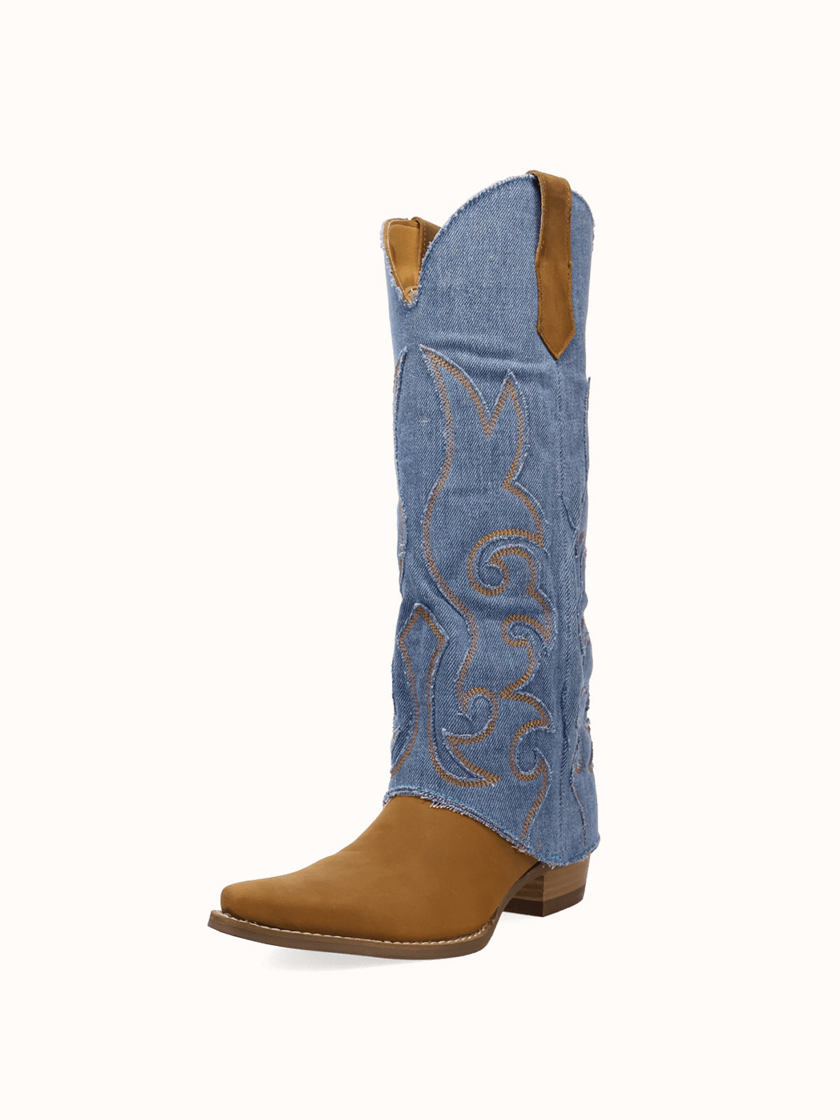Blue Denim And Brown Snip-Toe Embroidery Fold-Over Wide Calf Knee High Cowgirl Boots